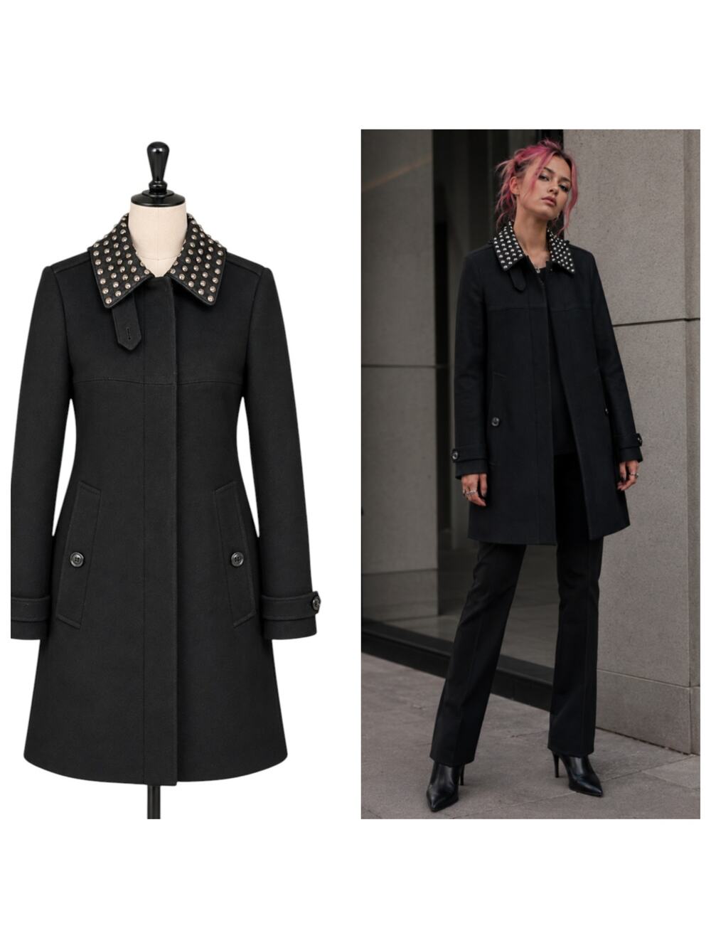 Burberry Brit Black Wool Cashmere Studded Collar Coat Size 6